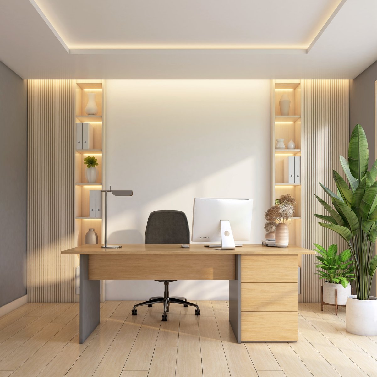 Modern corporate office with world map