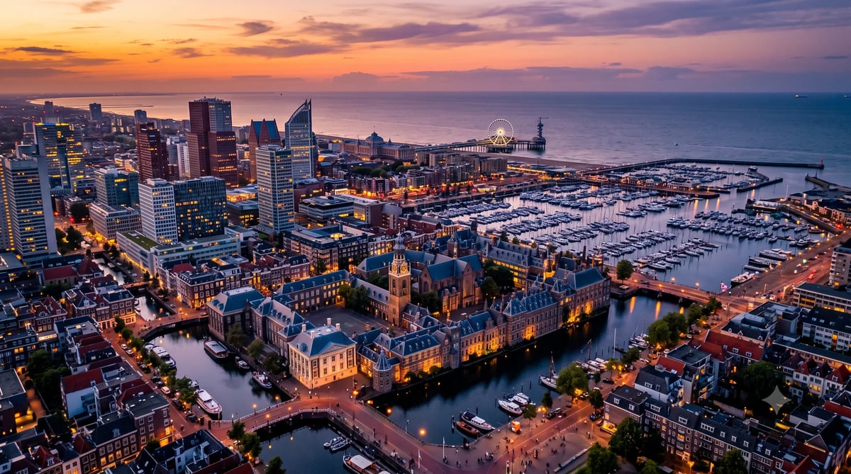 Aerial sunset view of Amsterdam waterfront with illuminated historic buildings, canals, and surrounding cityscape