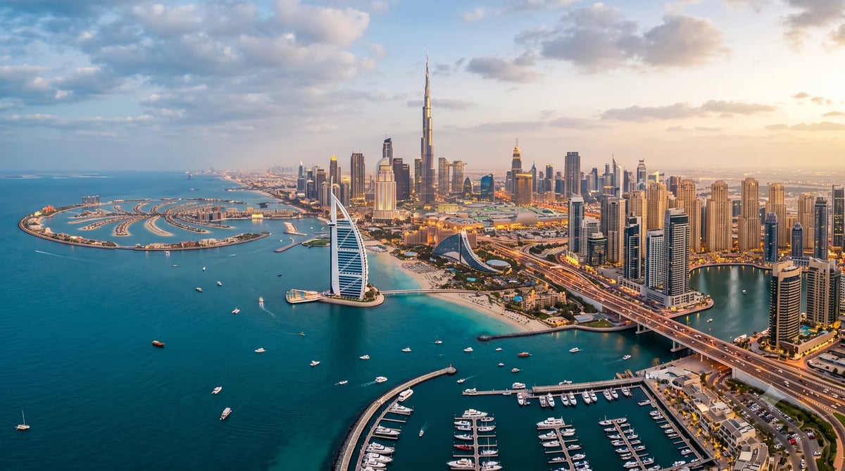 Aerial view of Dubai coastline with Burj Al Arab sail-shaped hotel, turquoise waters, marina, and city skyline at sunset