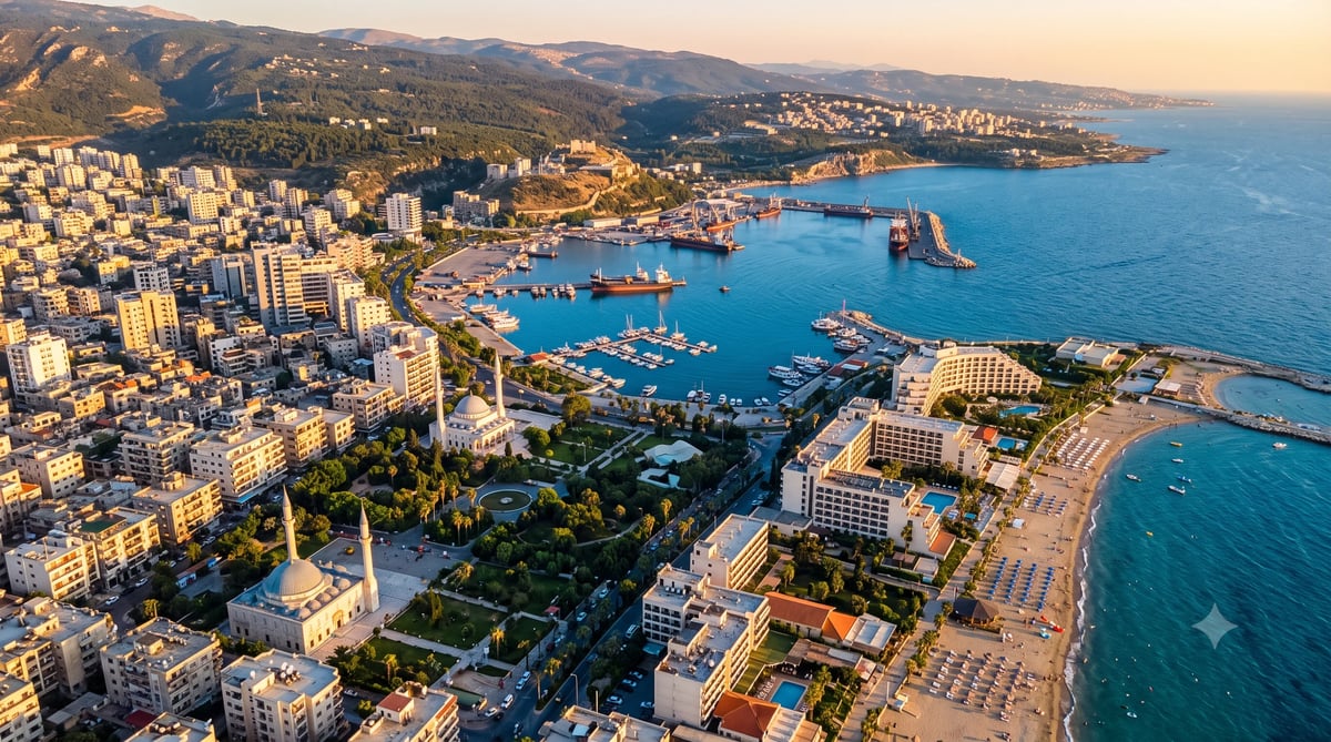 Aerial view of a Mediterranean coastal city with turquoise water, harbor, and mountains at sunset