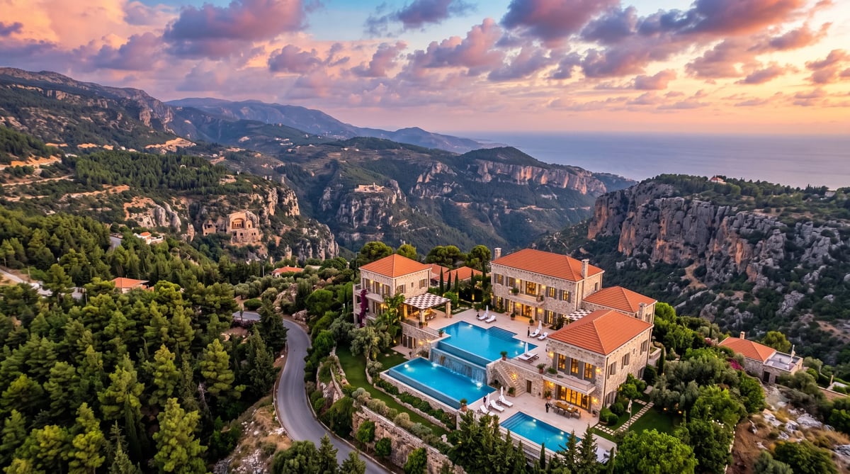Luxury villa with terracotta roof and blue swimming pools nestled in mountainous terrain at sunset, surrounded by forested hills