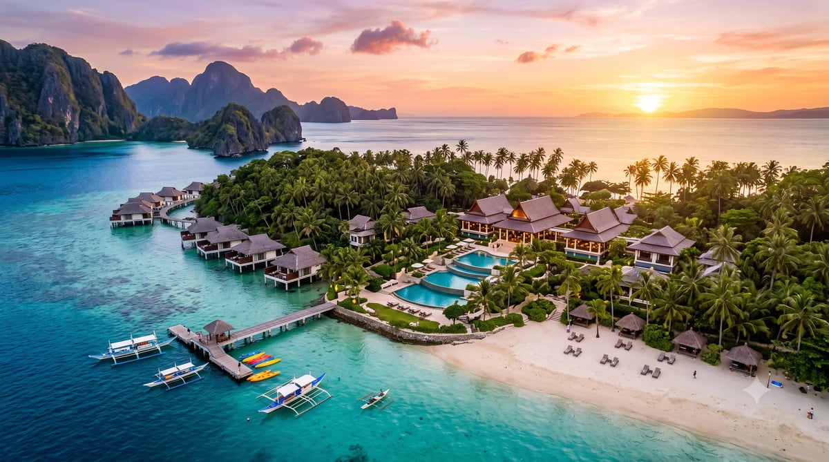 Tropical beach resort at sunset with overwater bungalows, turquoise lagoon, limestone cliffs, and palm trees in the Philippines