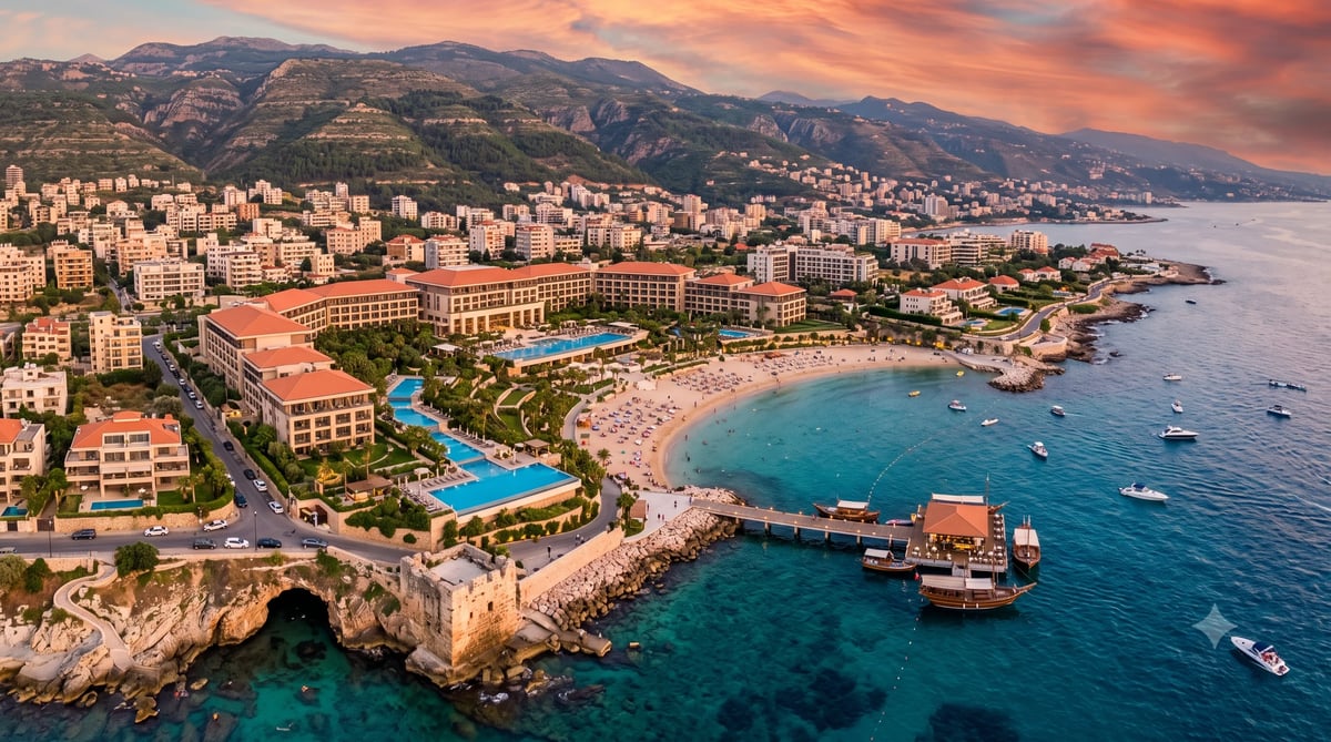 Aerial view of a Lebanese coastal resort with beachfront hotels, infinity pools, sandy beach, turquoise Mediterranean waters, and mountains at sunset