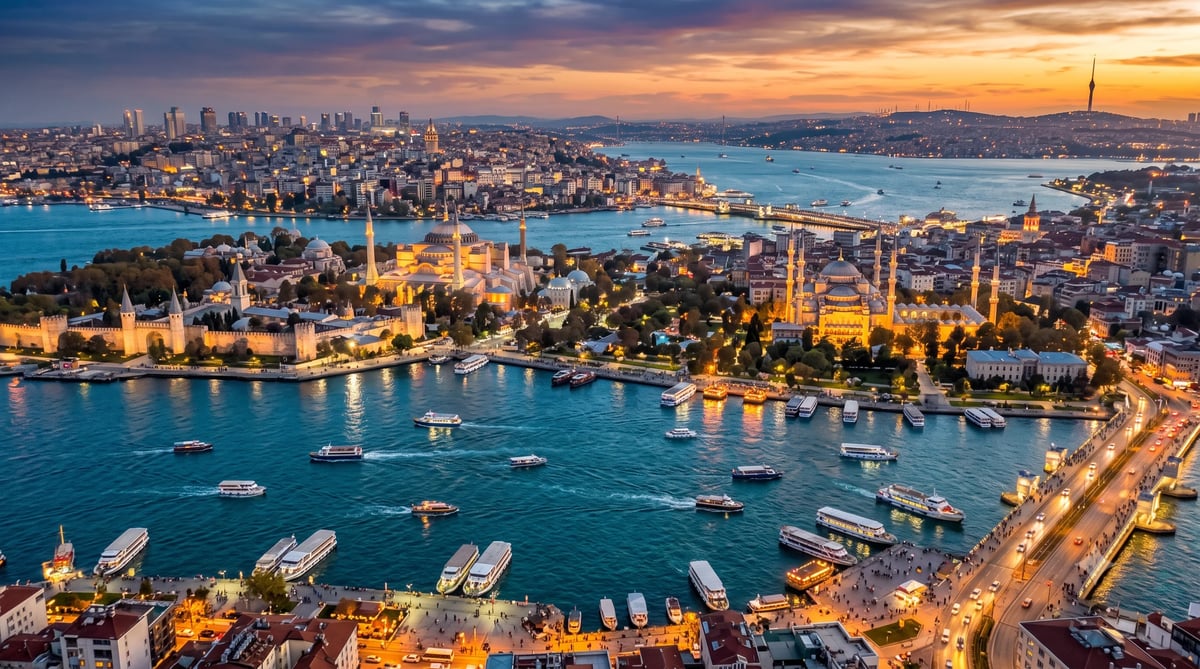 Aerial sunset view of Istanbul with Golden Horn waterway, mosques, boats, and city skyline at dusk