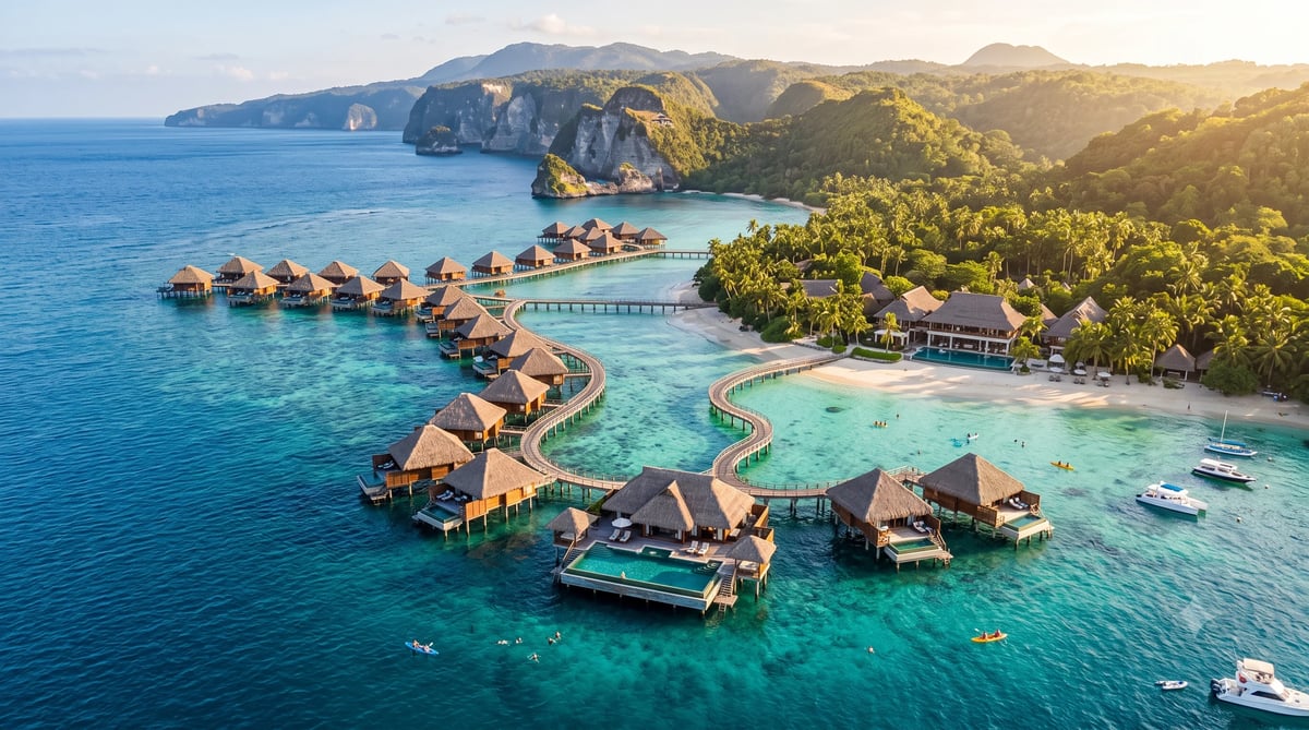 Tropical resort with overwater bungalows on turquoise lagoon, surrounded by lush green islands and mountains at sunset