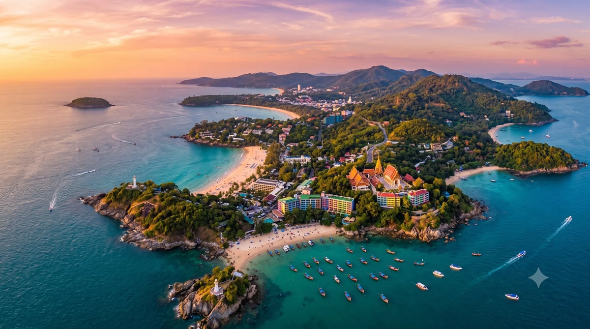 Aerial view of a coastal resort town at sunset with turquoise waters, sandy beaches, forested islands, and boats anchored offshore
