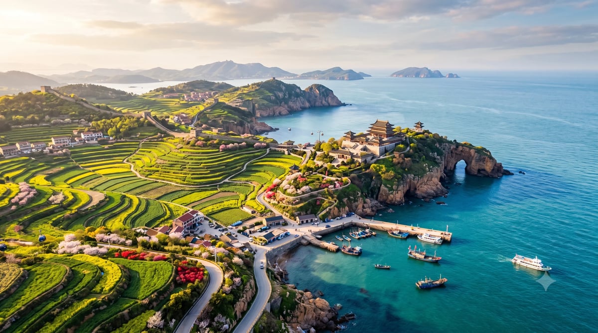 Aerial view of a coastal village with terraced vineyards, cliffside buildings, and turquoise waters with boats moored below