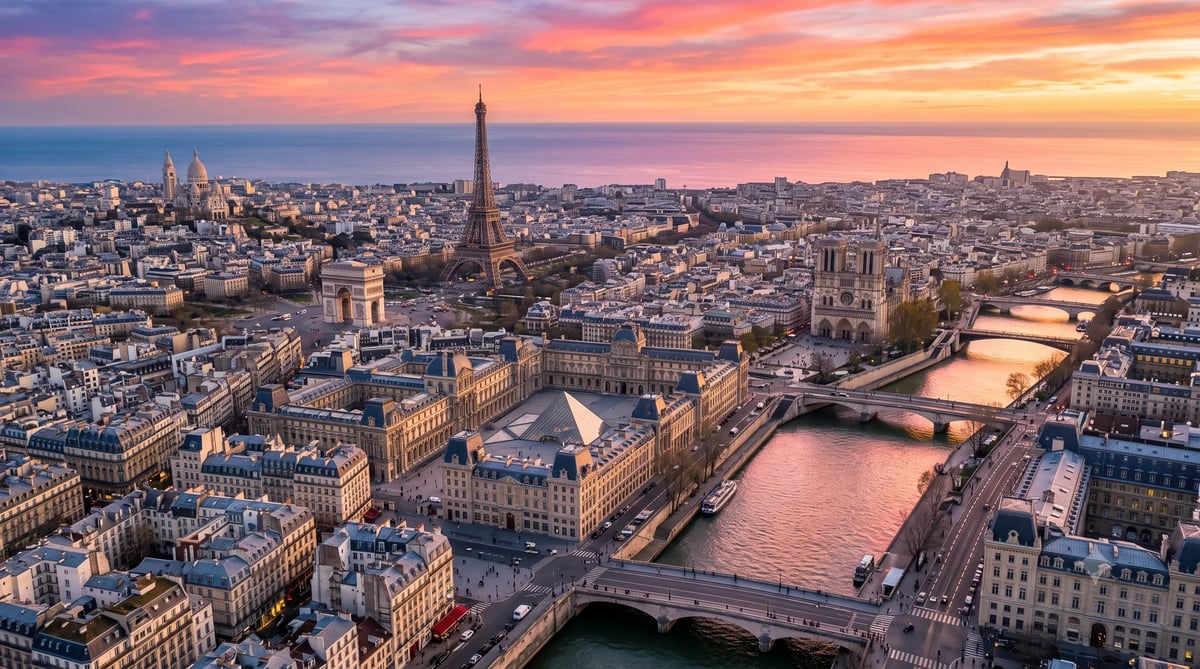 Aerial view of Paris at sunset with the Eiffel Tower, Seine River bridges, and cityscape under a pink and orange sky