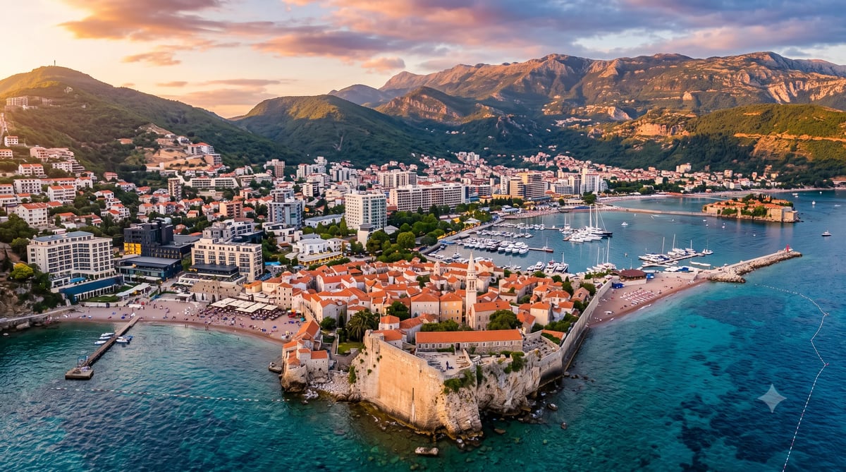 Aerial view of Budva's Old Town peninsula surrounded by turquoise Adriatic Sea, with surrounding mountains and modern city buildings at sunset