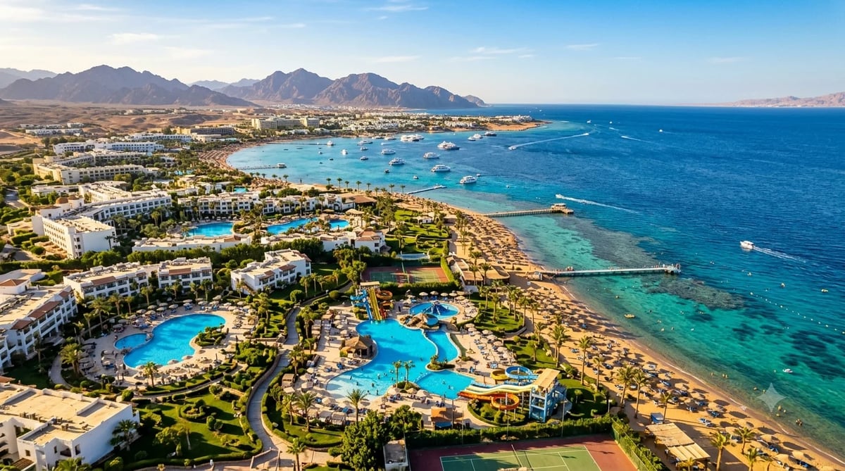 Aerial view of a Sharm El Sheikh coastal resort with multiple swimming pools, sandy beach, turquoise Red Sea water, marina with boats, and mountains in the background