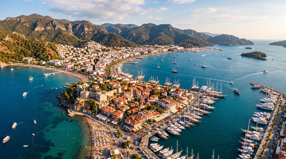 Aerial view of a Mediterranean coastal town with turquoise harbor, moored sailboats, beachfront buildings, and mountain backdrop